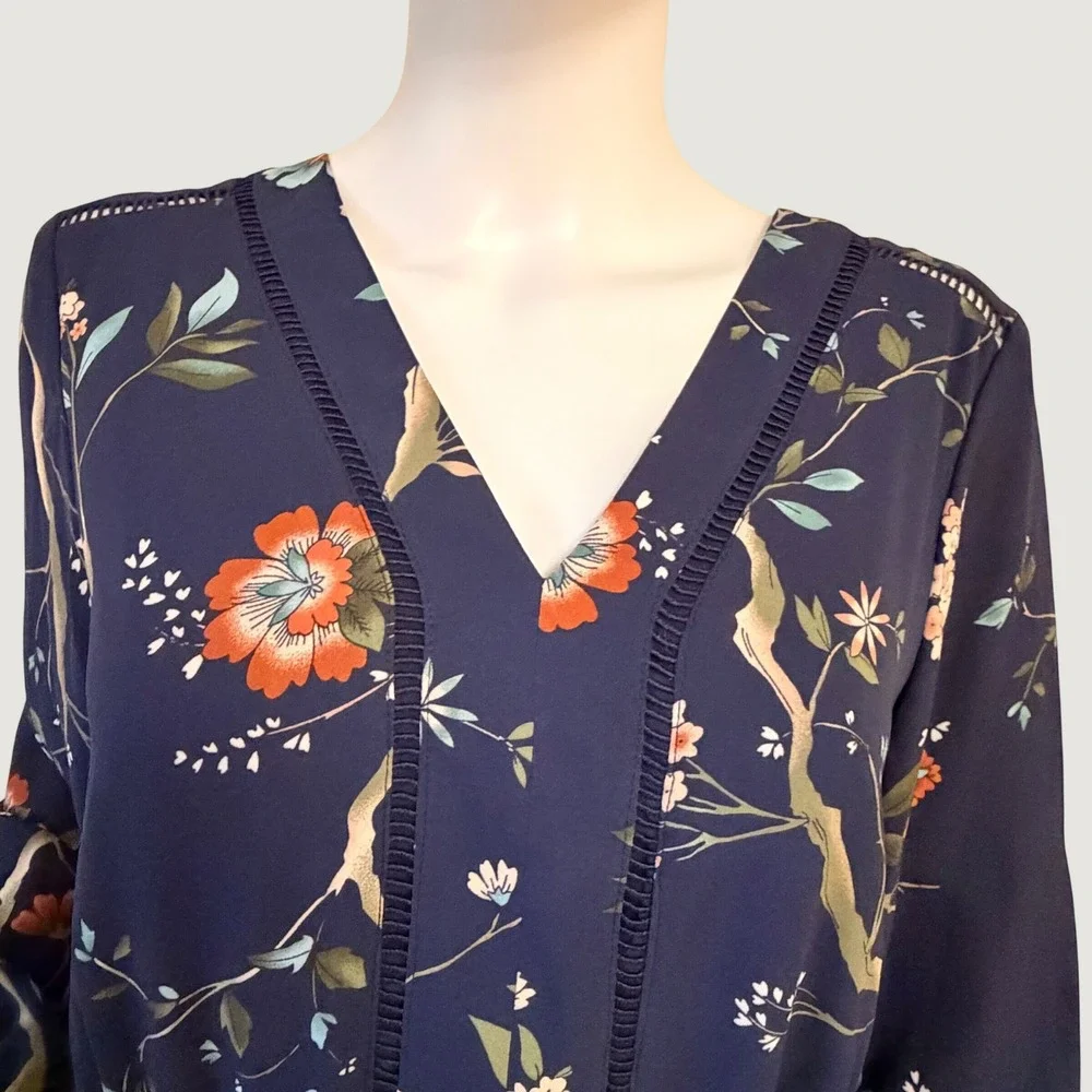 Nanette Lepore Womens Navy Blue Floral V-Neck Tiered Ruffle Midi Dress Size 10